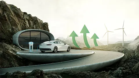 Entrada futurista con carga de coches eléctricos, molinos de viento y flechas verdes hacia arriba en la distancia 