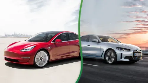 tesla model 3 and a bmw i4 side by side