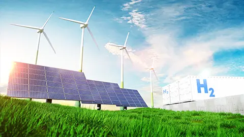 solar panels and wind turbines on a grassy landscape