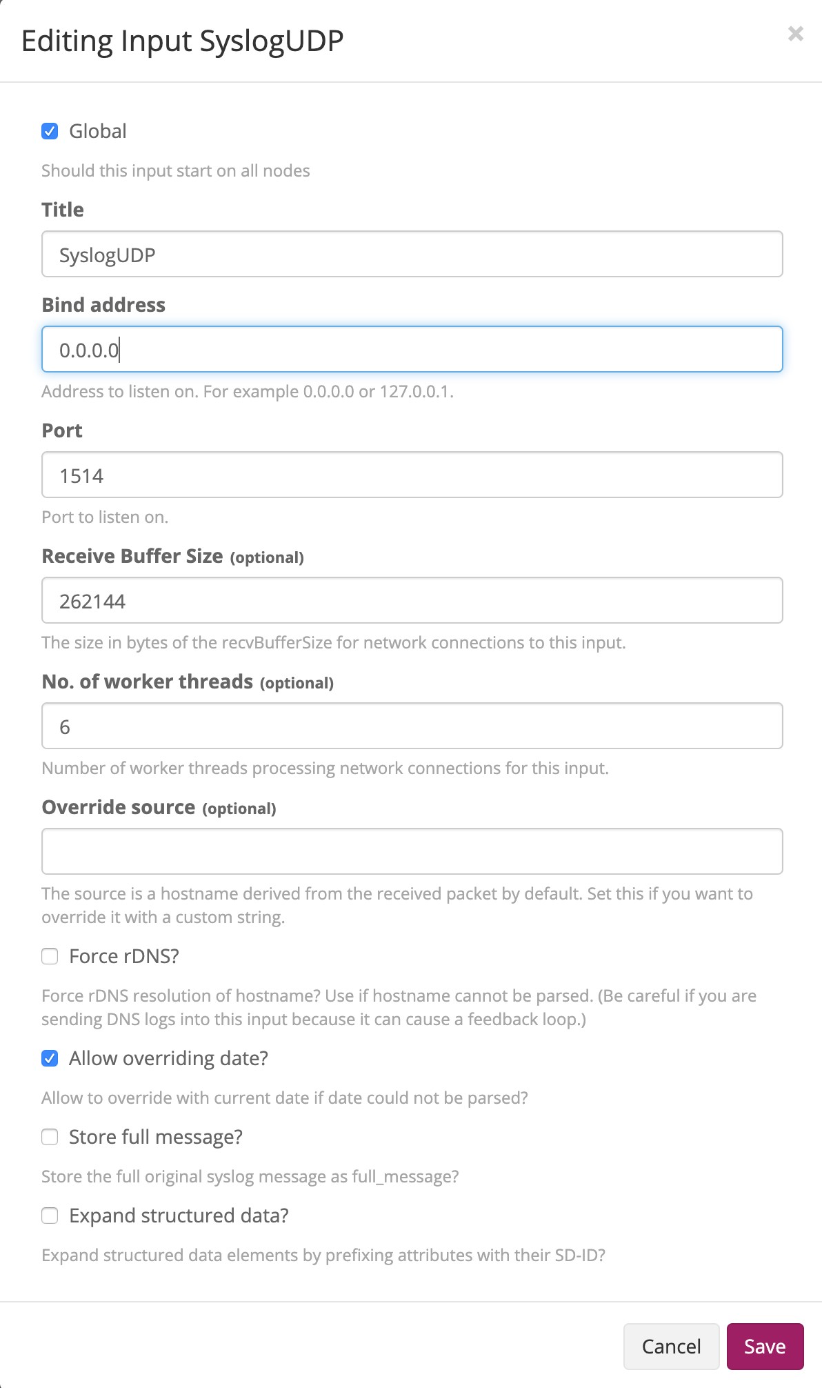 Editing Graylog Input SyslogUDP