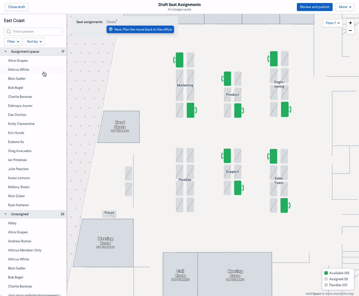 Drag and drop seat assignments on social distanced desks on your office seating chart