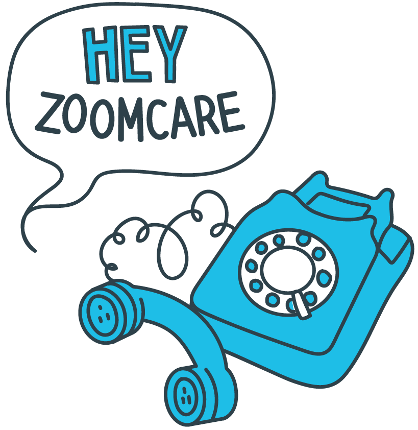 A phone with a "hey Zoomcare" popping out of it in a speech bubble