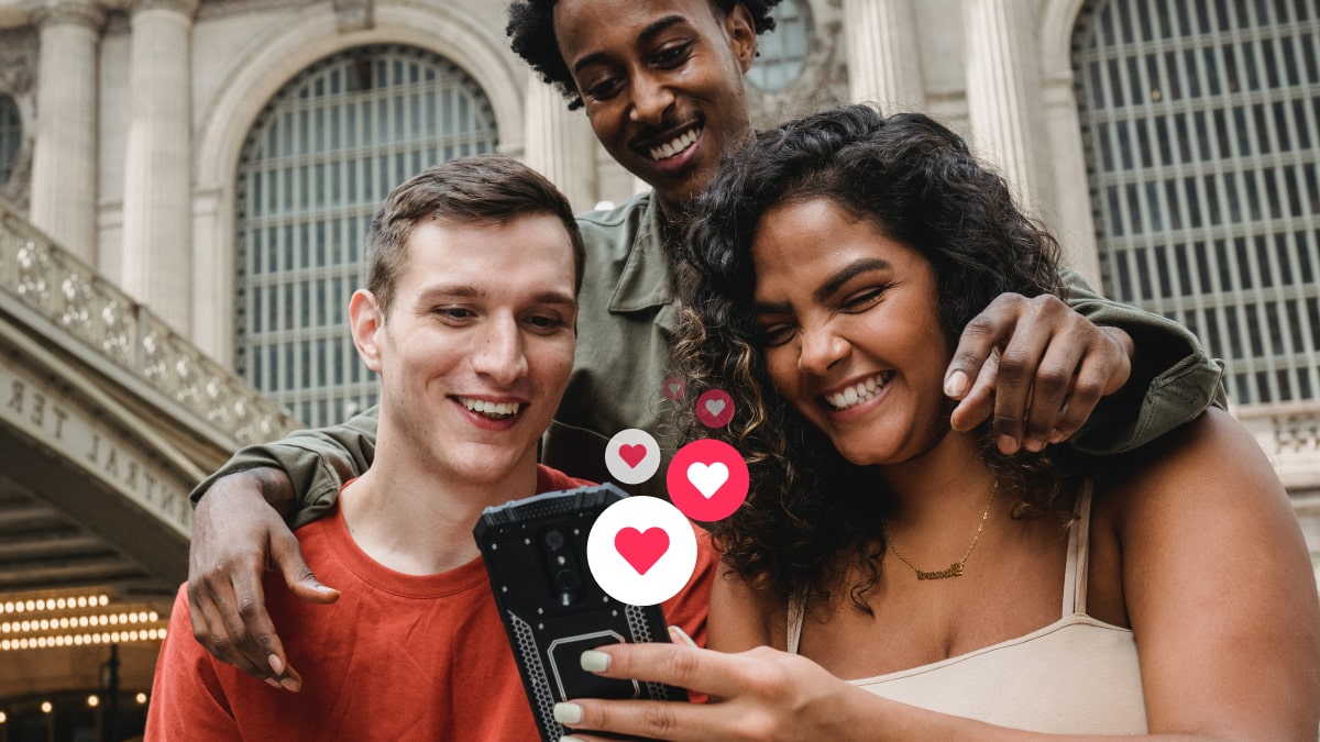 a group of friends sharing the smartphone
