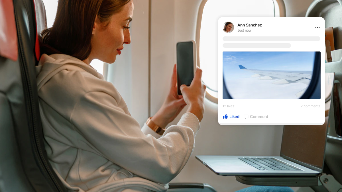 Woman taking picture in airplane and posting on social