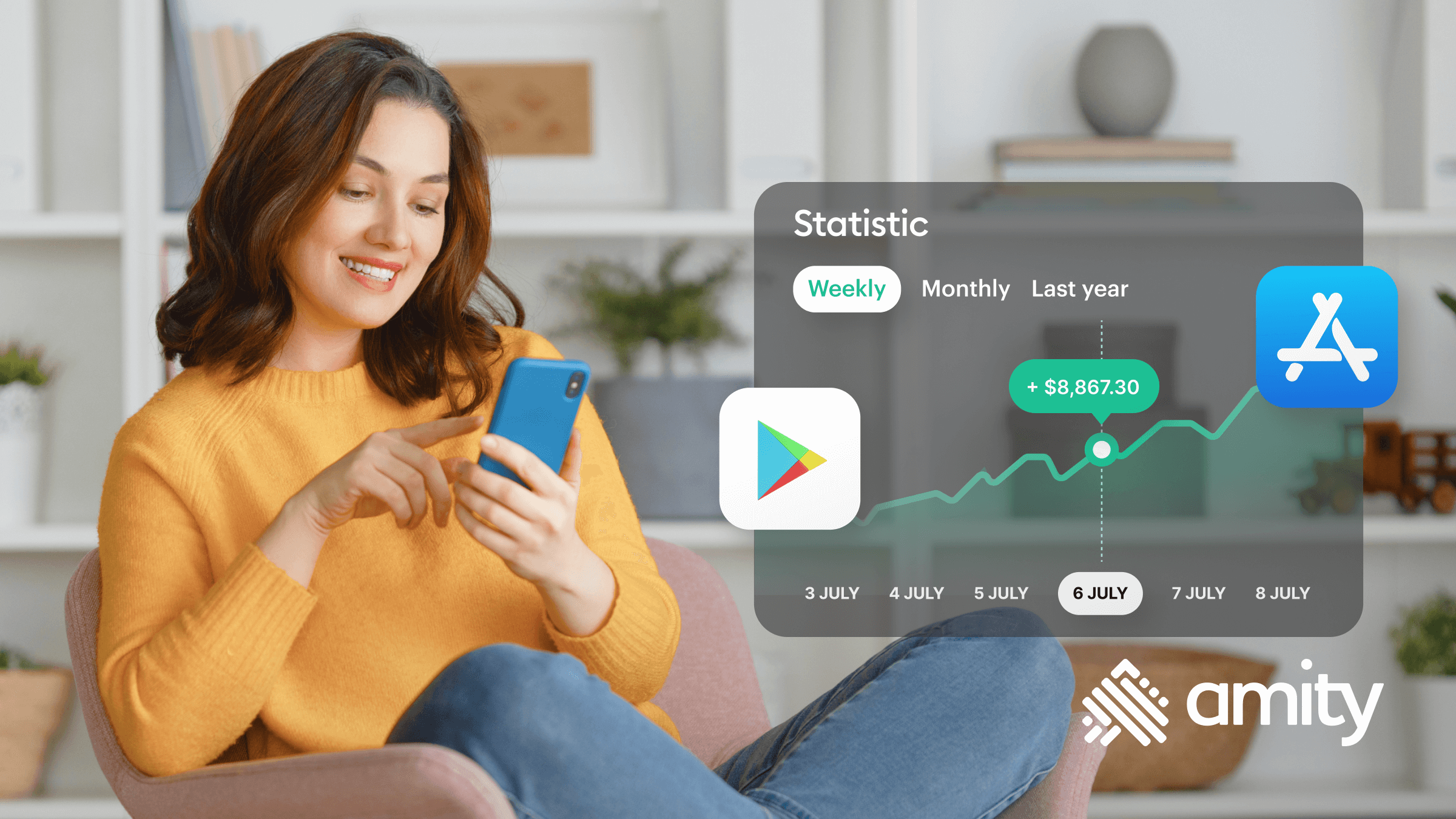 Woman using smartphone to research mobile app usage statistics