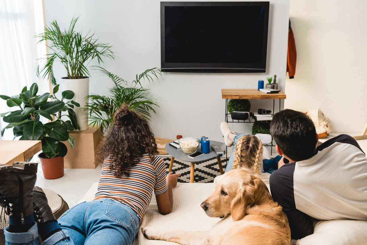 friends watching TV with dog
