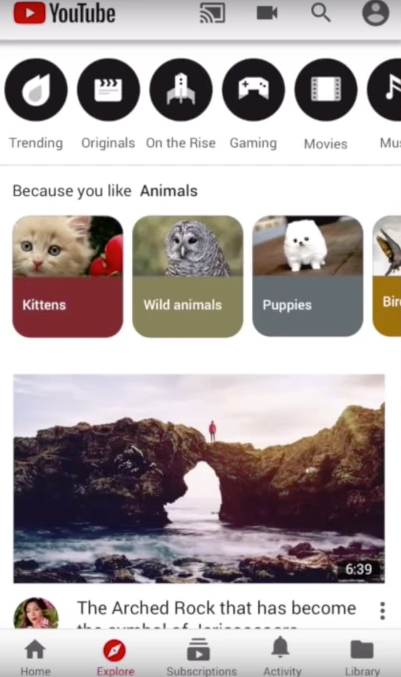 YouTube explore test