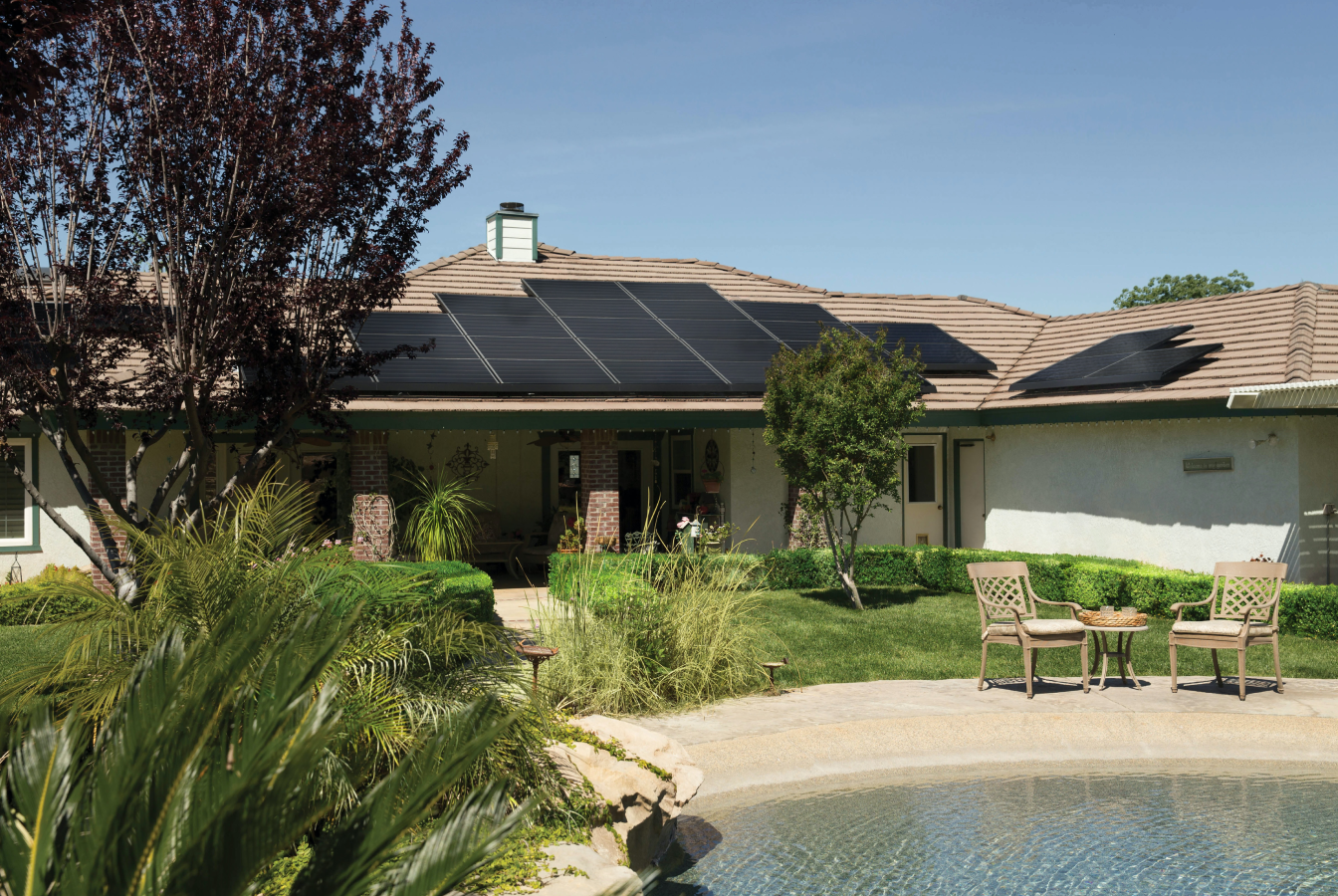 Sustainable home with solar panels on the roof