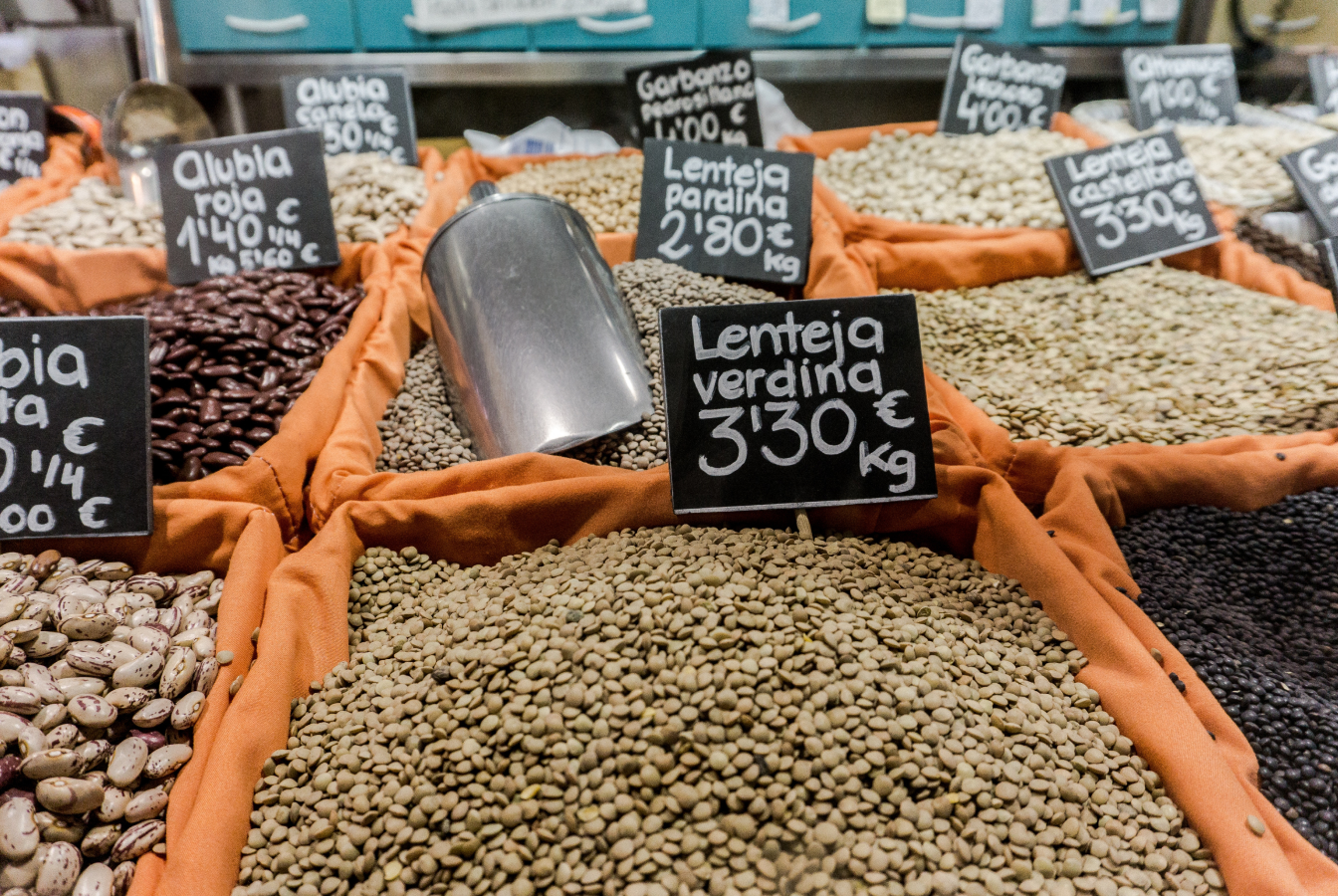 Wholesale bins of assorted beans and legumes