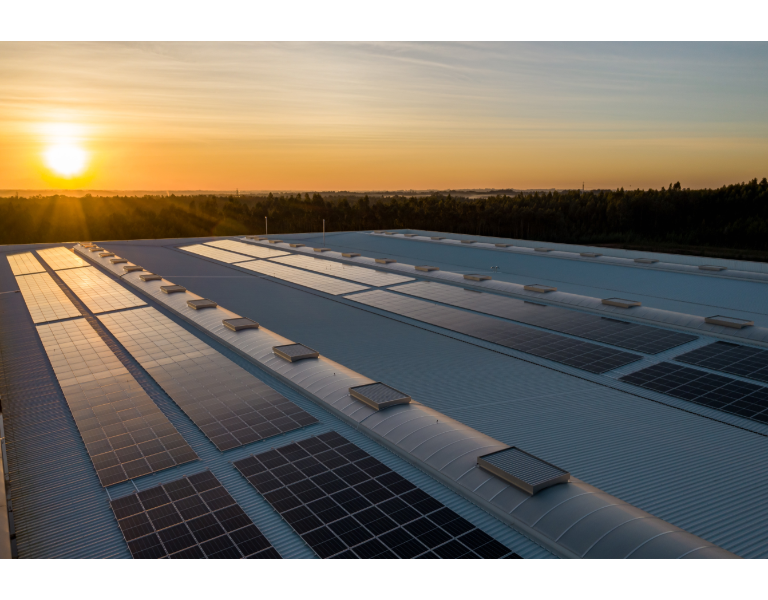 Huge solar panels stretch across to the horizon as the sun sets