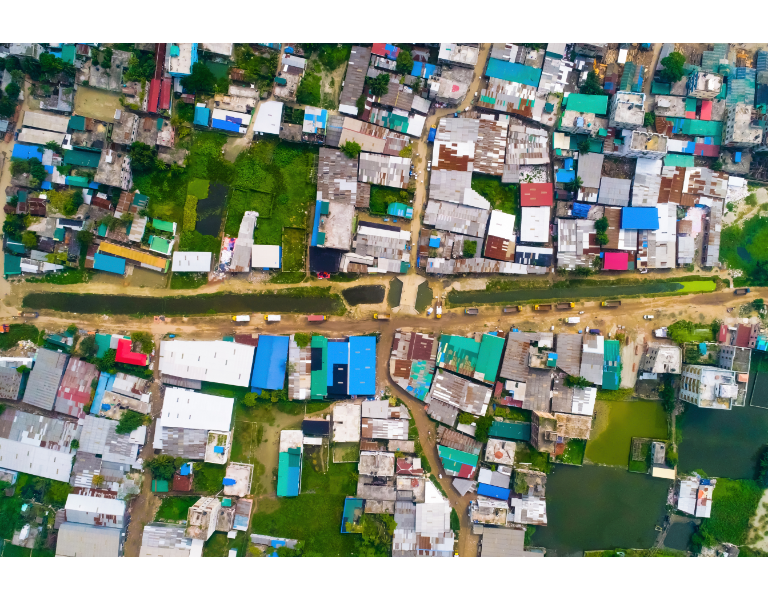 An aerial photo of a low-income neighbourhood