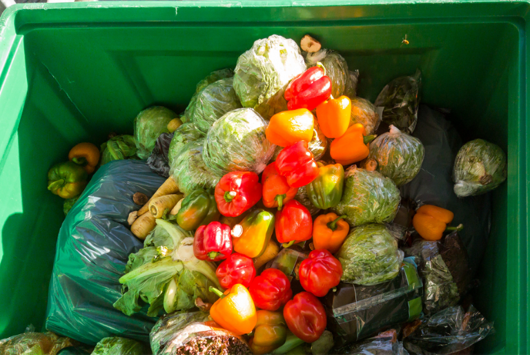 Vegetables and other perishables being composted in a green bin