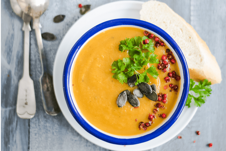 vegan butternut squash soup with garnishes