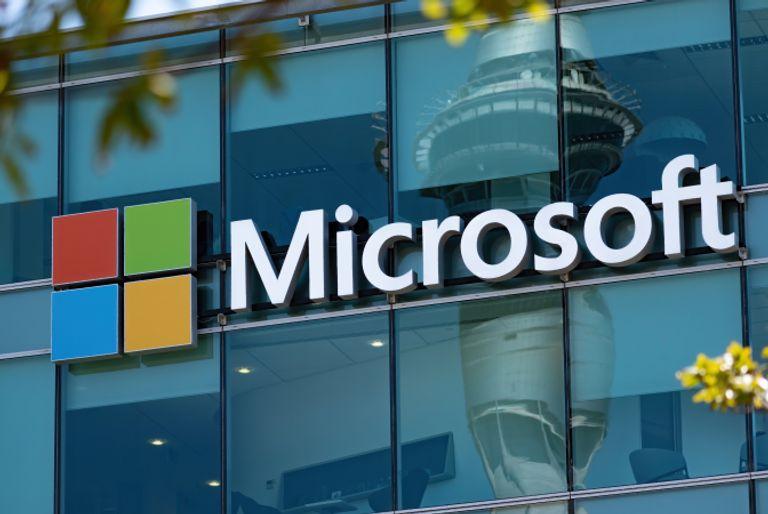 Microsoft's logo on a building. The company has ambitious carbon emission goals,