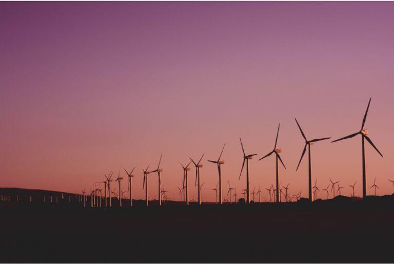 A wind turbine farm, which is a carbon offset project, against a pink sky