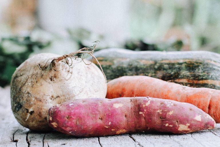 Closeup of assorted root vegetables, all of which can be consumed as part of a sustainable diet.