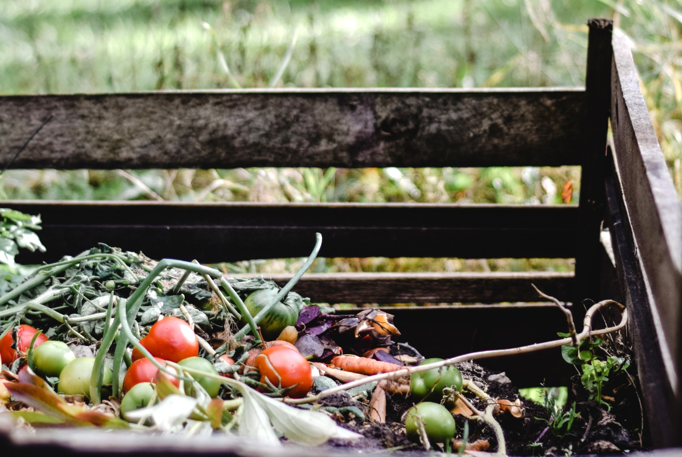 A backyard compost pile which is a environmentally-friendly way to reduce your carbon footprint.