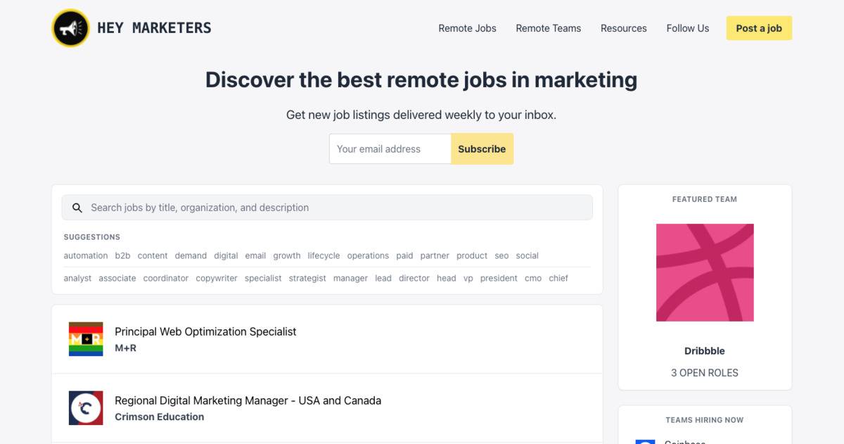 Hey Marketers remote marketing job board