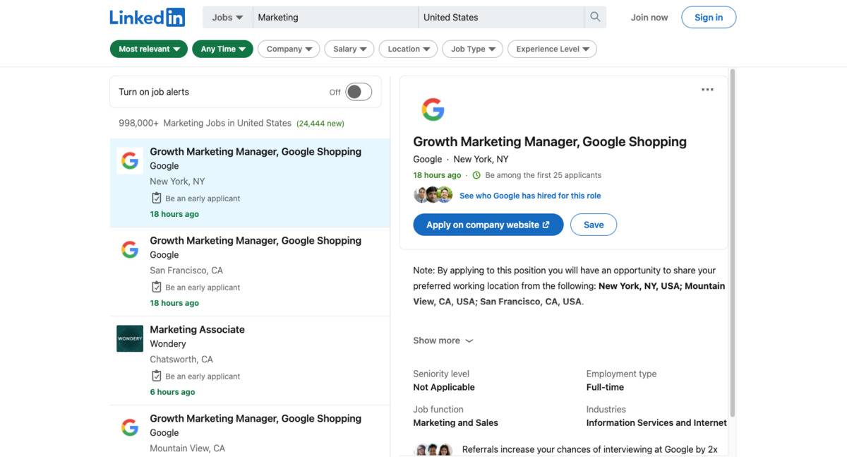 Marketing jobs on LinkedIn
