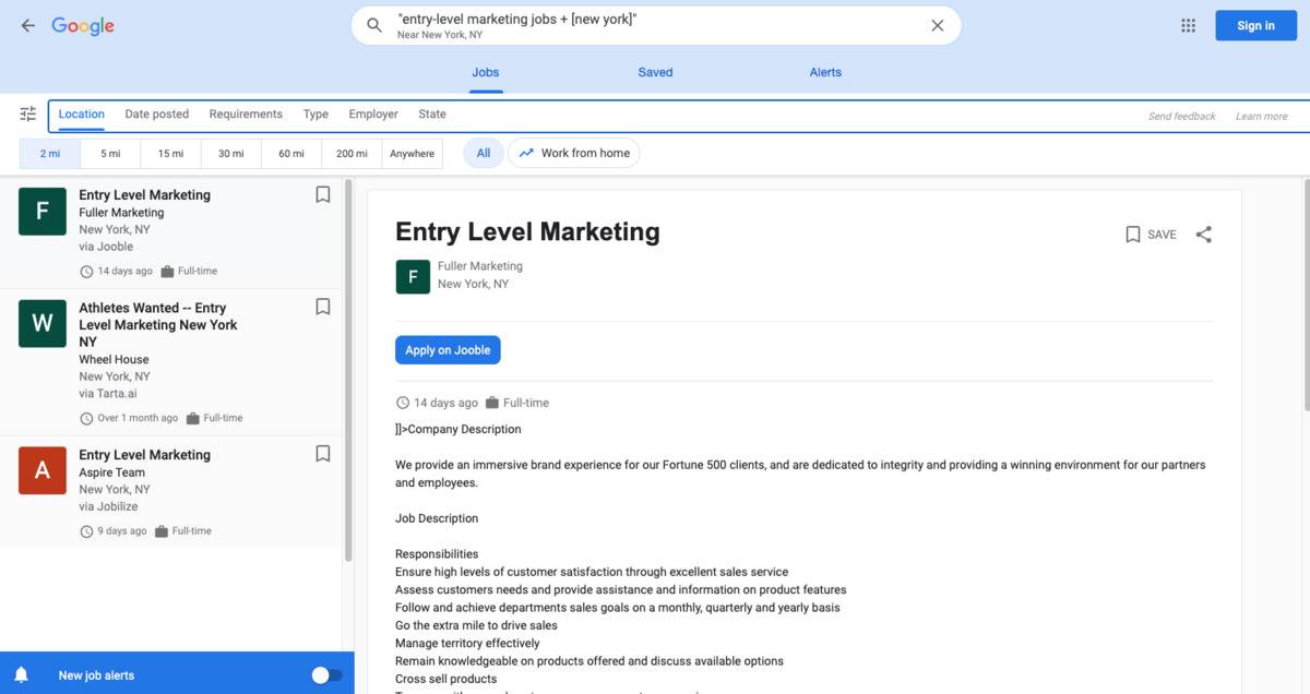 Entry level marketing jobs on Google Jobs