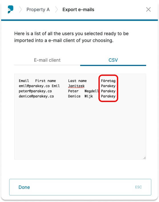 view from parakey webportal showing a csv export of users with applied tags