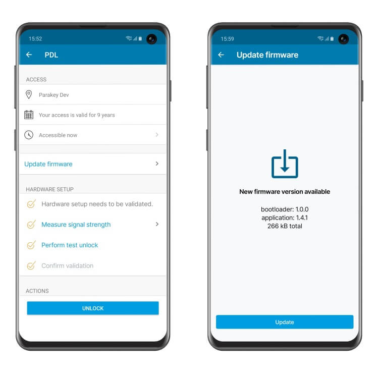 parakey app views for updating PDL lock firmware