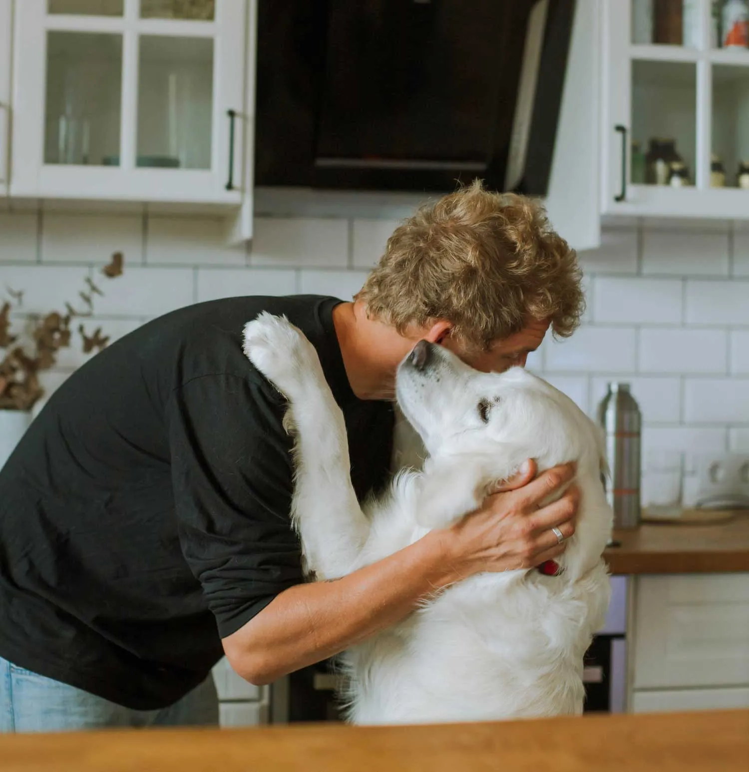 An image of a man with a PSD dog