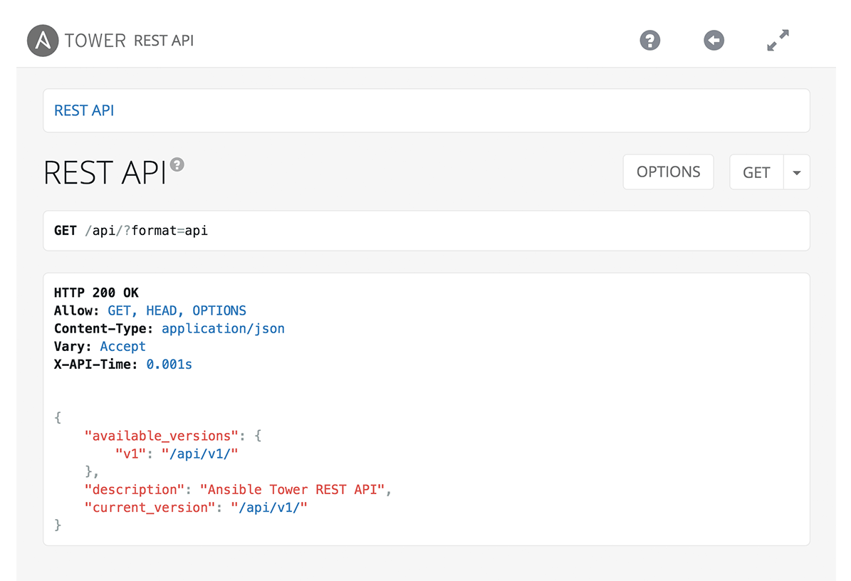 Ansible Tower's browsable REST API