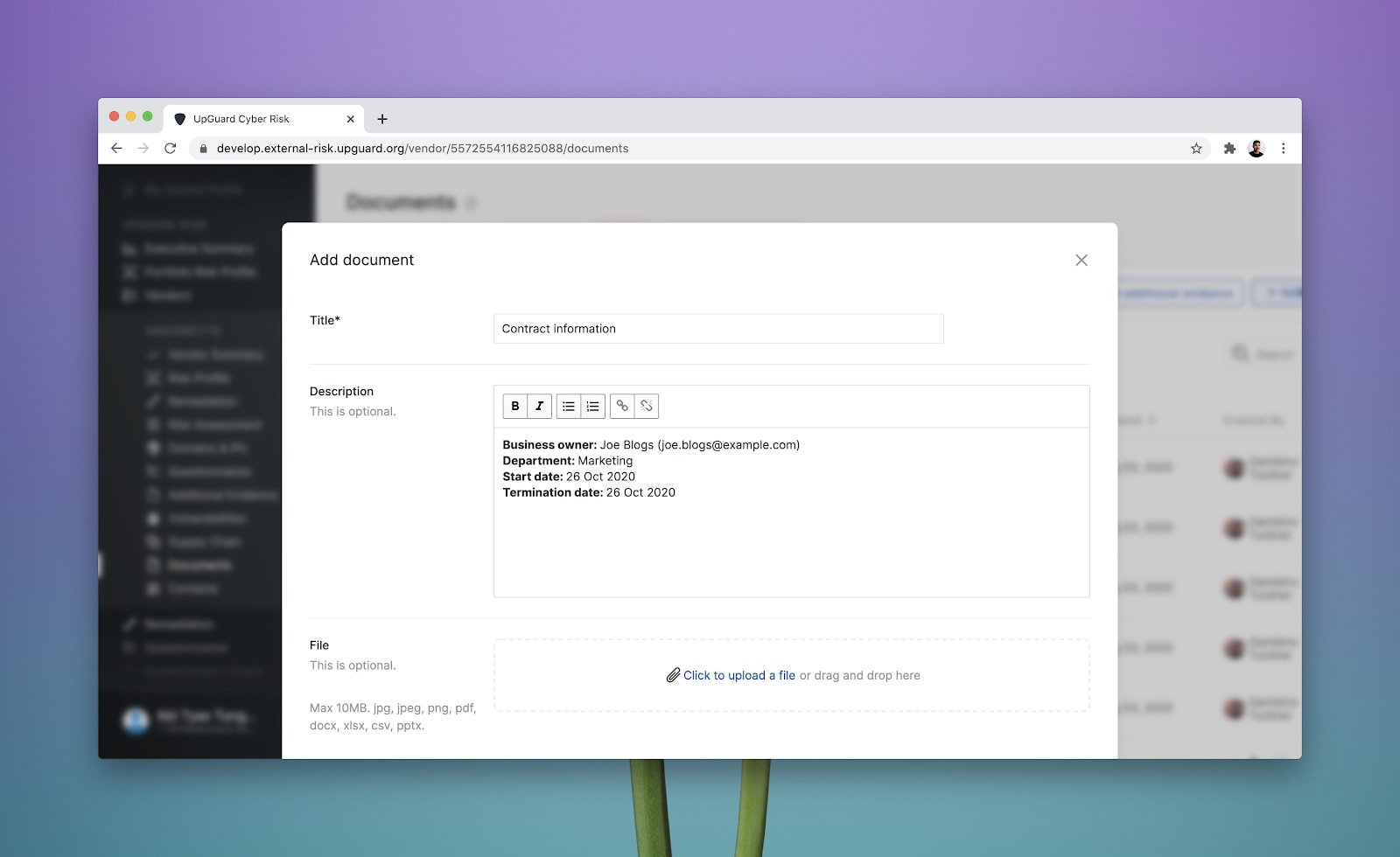 Create notes inside the UpGuard platform