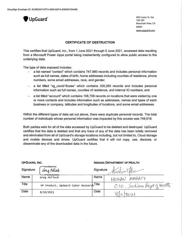 Certificate of destruction co-signed by the State of Indiana and UpGuard
