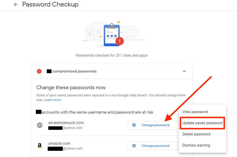 Arrrow pointing to a button titled change password in each item in the compromised password list