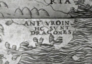 unknown territory on an antique map marked with "here are dragons"