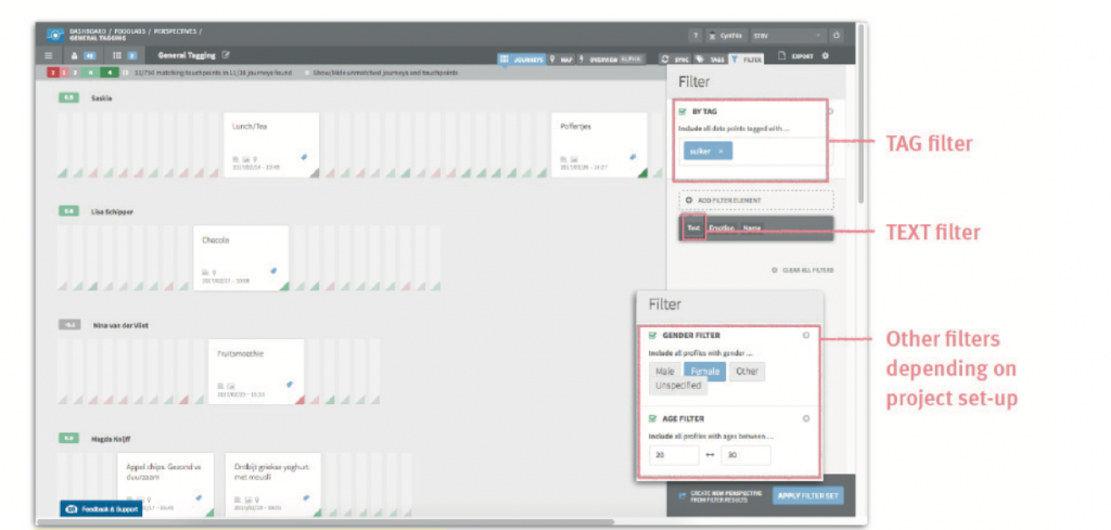Two screenshots from ExperienceFellow with tags or perspectives