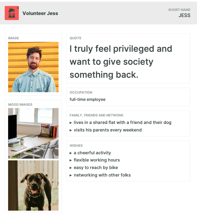 Persona visualization of a volunteer including a quote and personal details