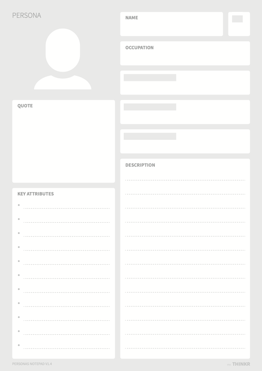 Empty template to create a persona including a name, quote, key attributes and a description.