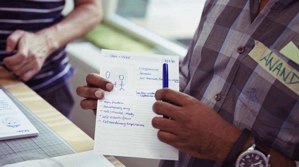 person holding a persona template with text and a sketch on it