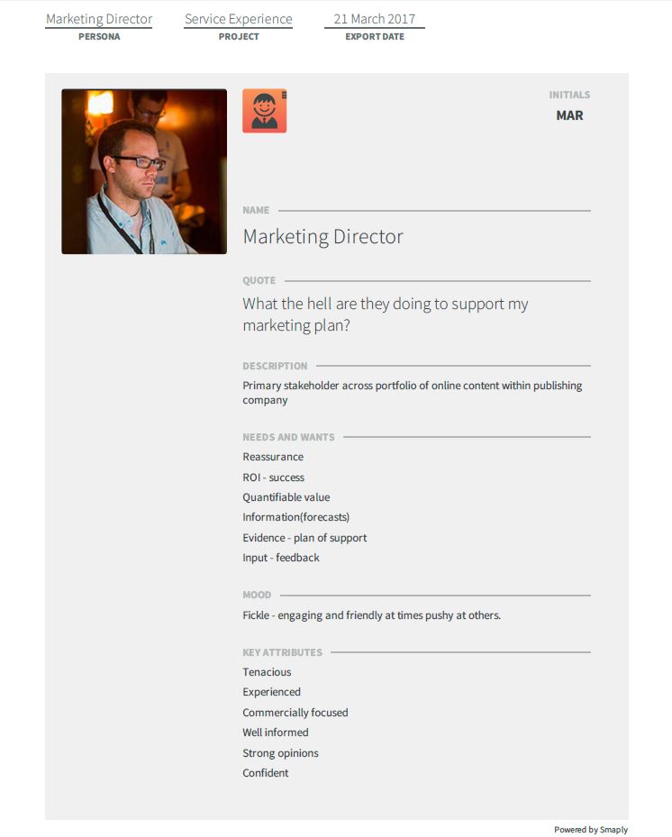 A persona created in Smaply visualizing a Marketing Director.