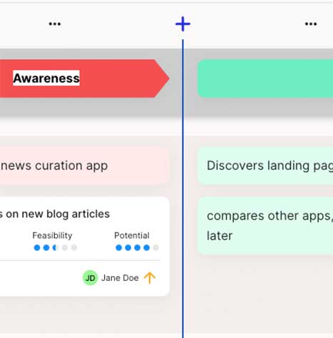 blue plus sign in between two columns, visualizing that one can add a column here