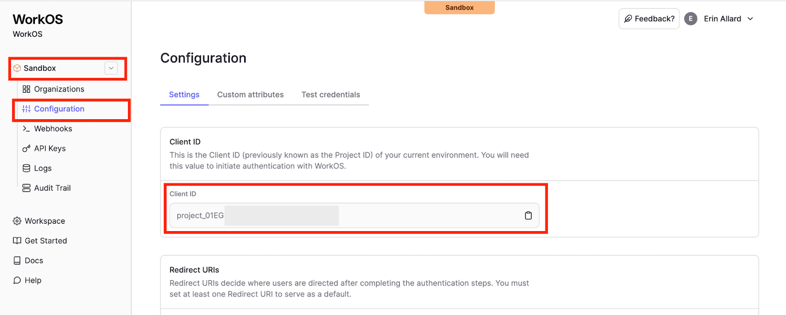 Screenshot of the WorkOS dashboard showing where to locate the Client ID