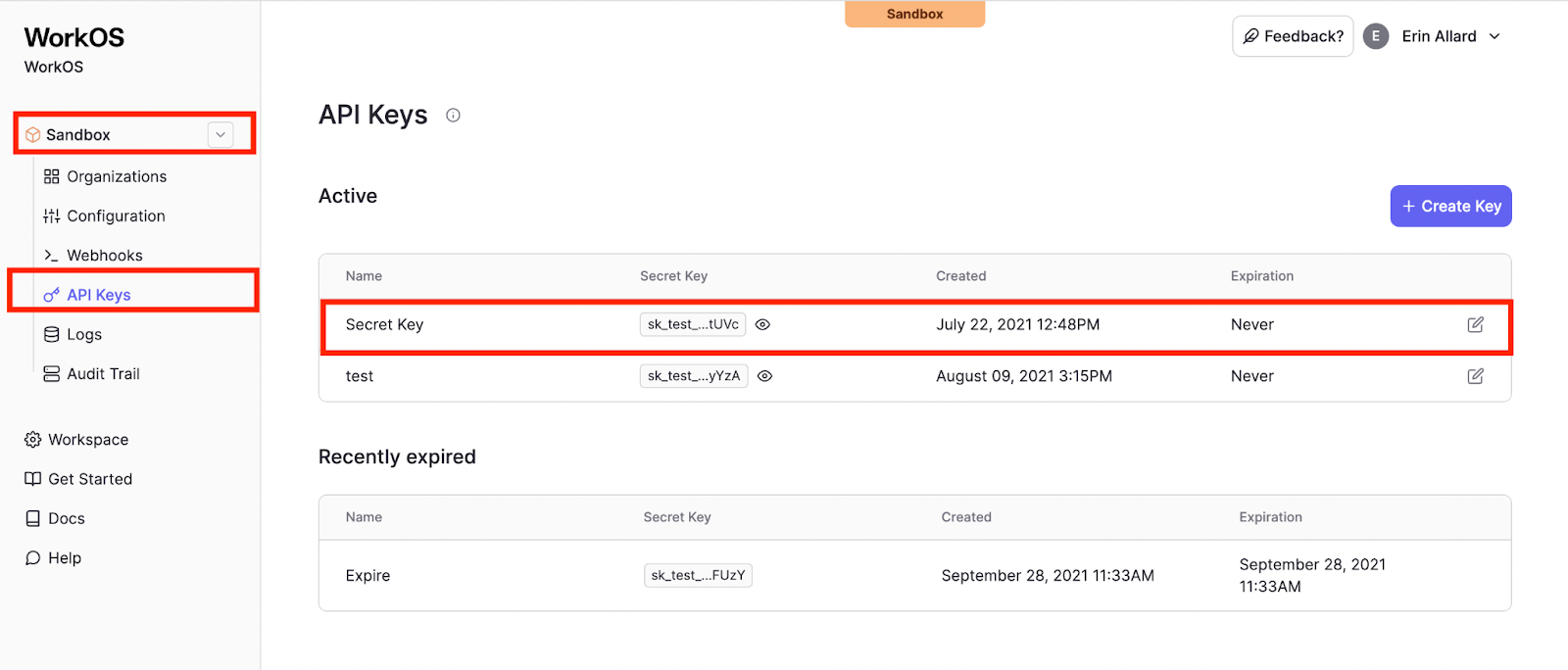 Screenshot of the WorkOS dashboard showing where to locate the API key