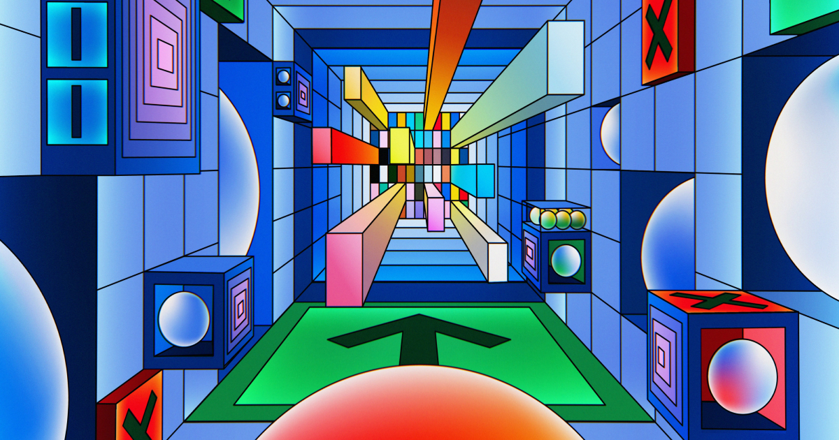 Colourful grid of arrows and shapes