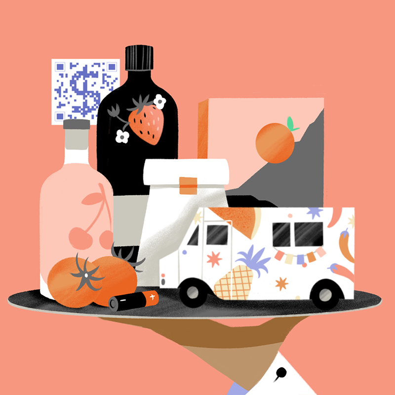 Illustration. On a tray, various items — from a food truck to a cookbook — sit to represent the future restaurant trends.