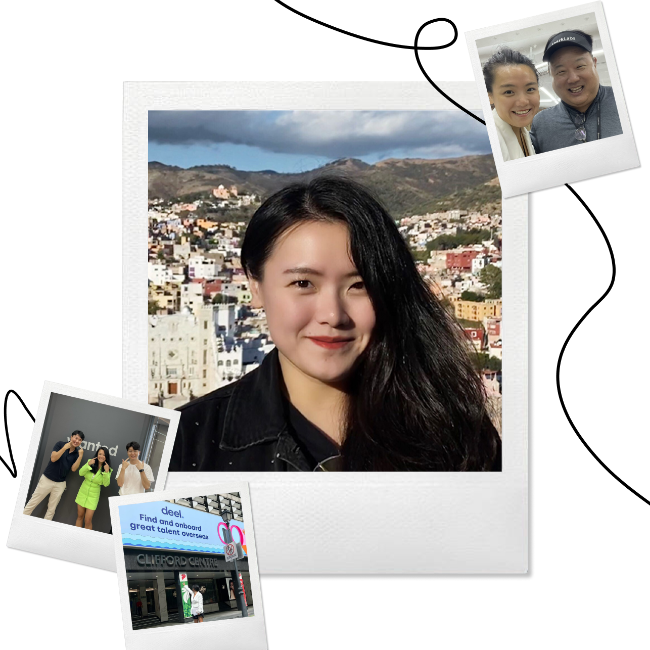 Big polaroid photo of Shuo Wang with other three smaller polaroids showing her team and her company. 