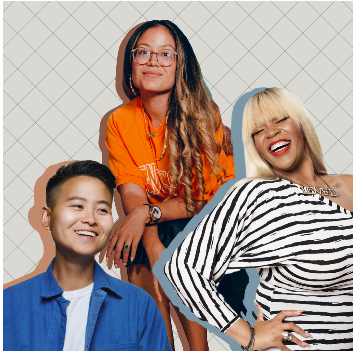 Separate images of founders and workers in tech--Katie Chen, Suezette Robotham, and Yari Blanco--in stylized, embossed cutout in front of a cross-hatched, off-white background. Each figure is smiling and dressed in business or business-casual wear.