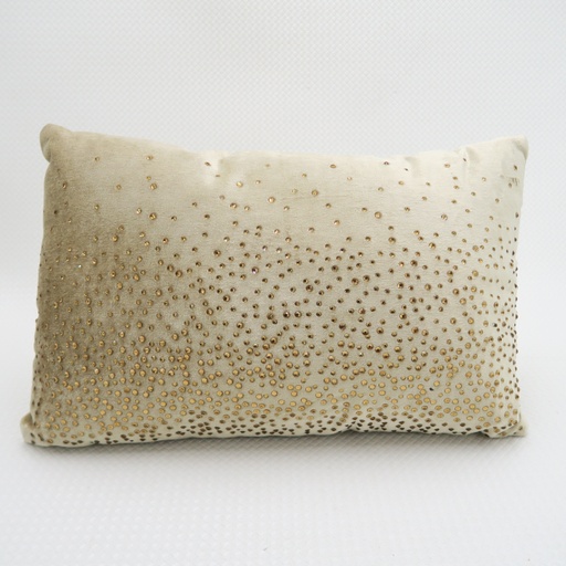 coussin en velour beige et strass dorés