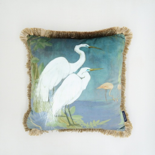 Coussin velours impression hérons frange dorée