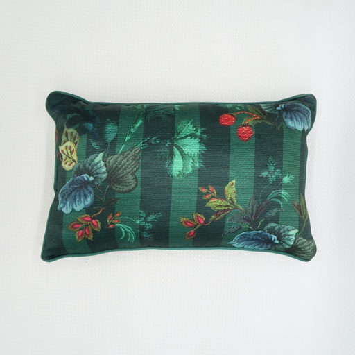 coussin rectangulaire velours vert motif fleurs et fruits