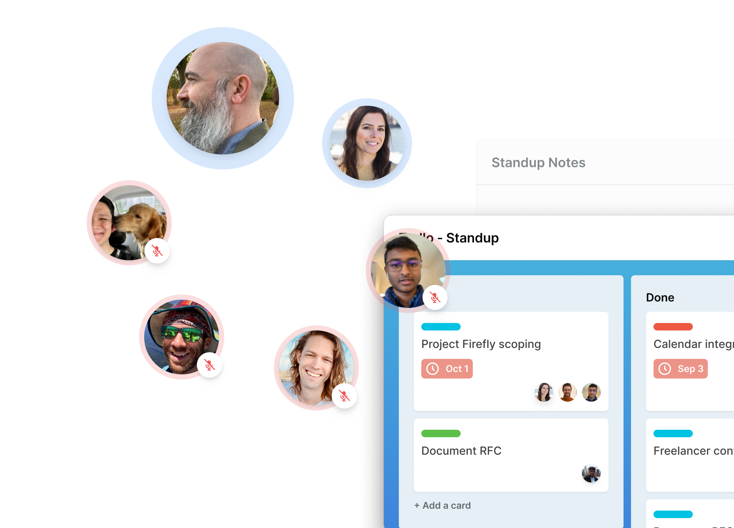 Bubbles with different people's faces joining a company call