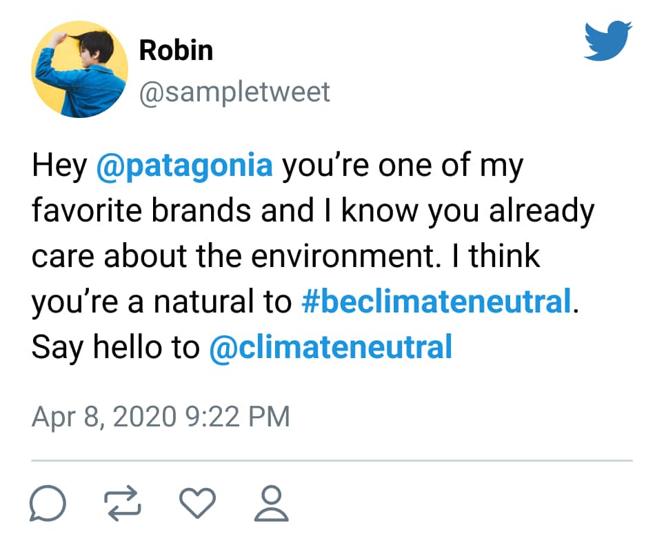Mockup of a tweet that invites a brand to #beclimateneutral.