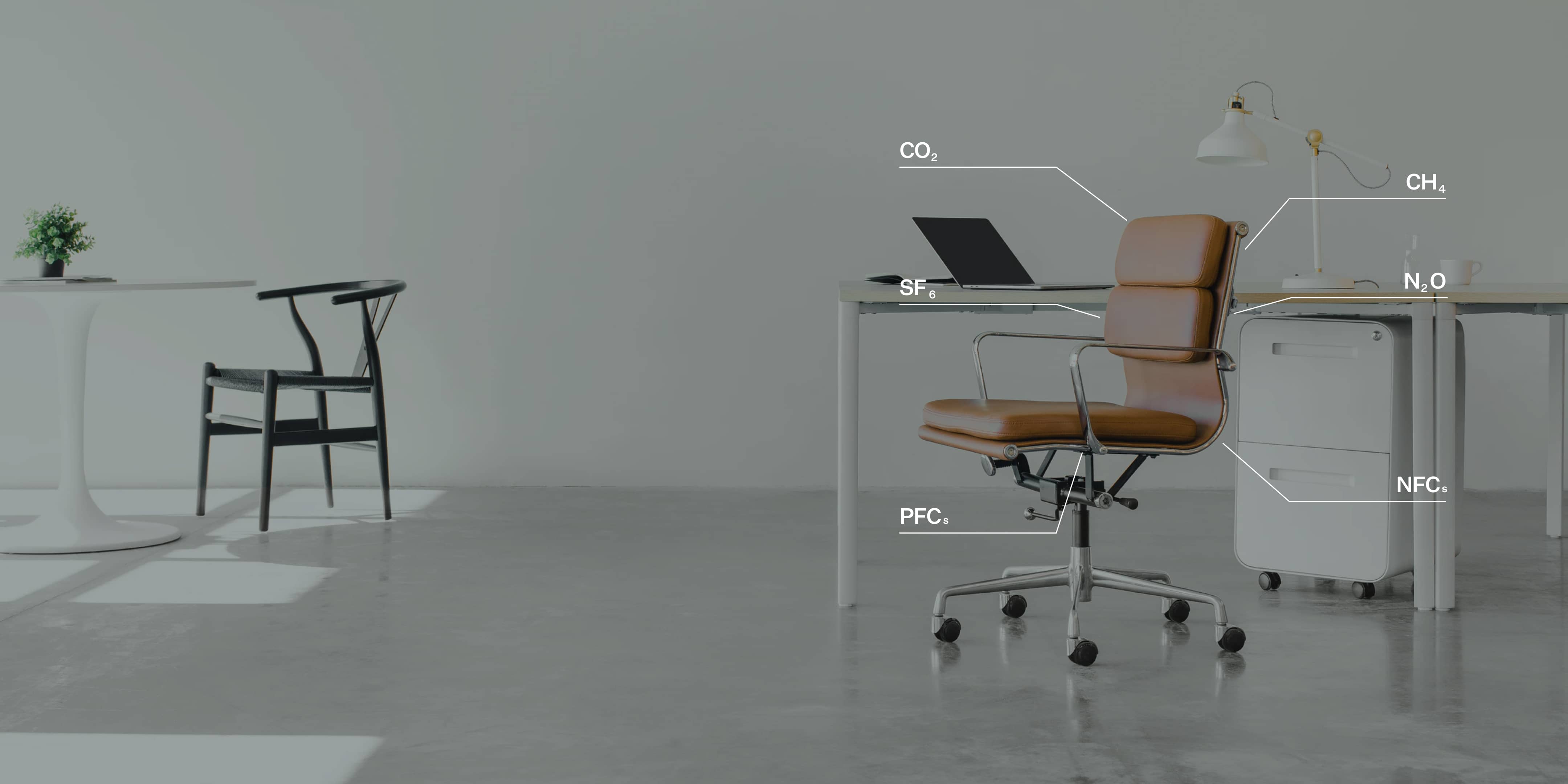 Image showing an office chair and lines radiating from the chair reading ,"CO2", "PFCs", and other measurements.